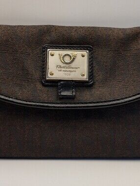 Flavi Vismano Brown Monogram Canvas Leather Shoulder Clutch Bag Italy Vintage